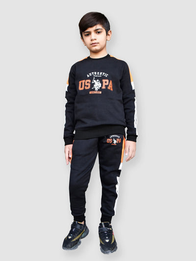 U.S Polo Assn Fleece Tracksuit For Kids-Black with Orange-BE98/BR914