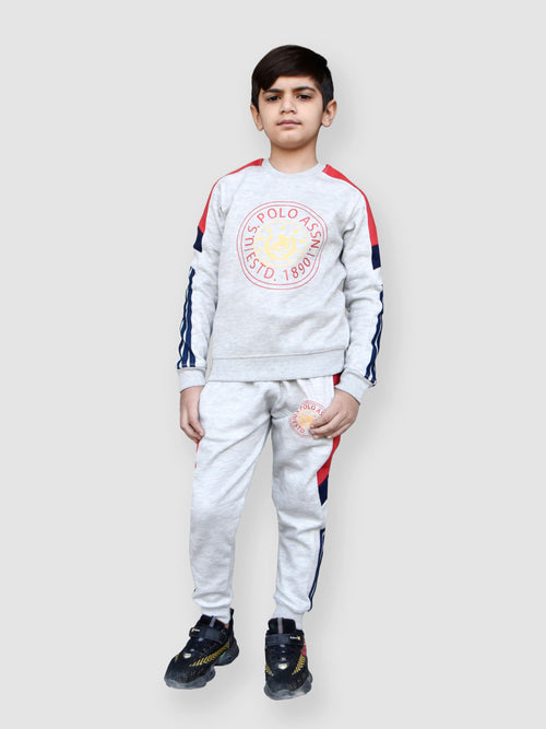 U.S Polo.Assn Fleece Tracksuit For Kids-Grey Melange With Red-BE95