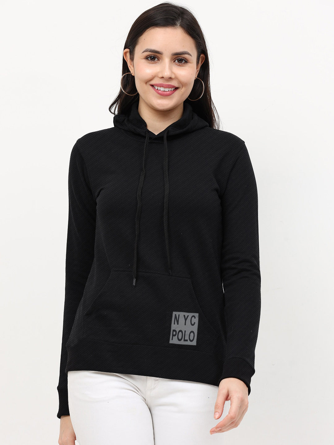 NYC Polo Terry Fleece Pullover Hoodie For Ladies-Black with Allover Lining-SP997