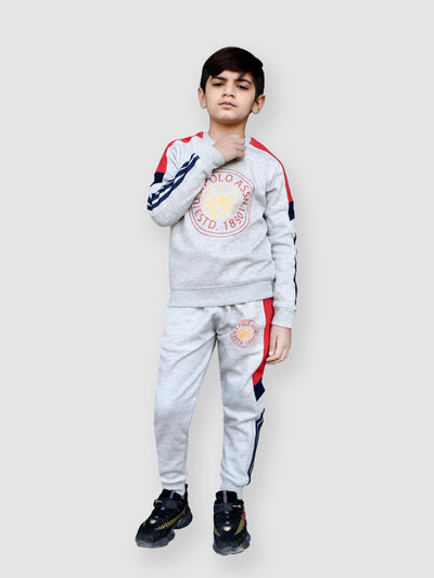 U.S Polo.Assn Fleece Tracksuit For Kids-Grey Melange With Red-BE95