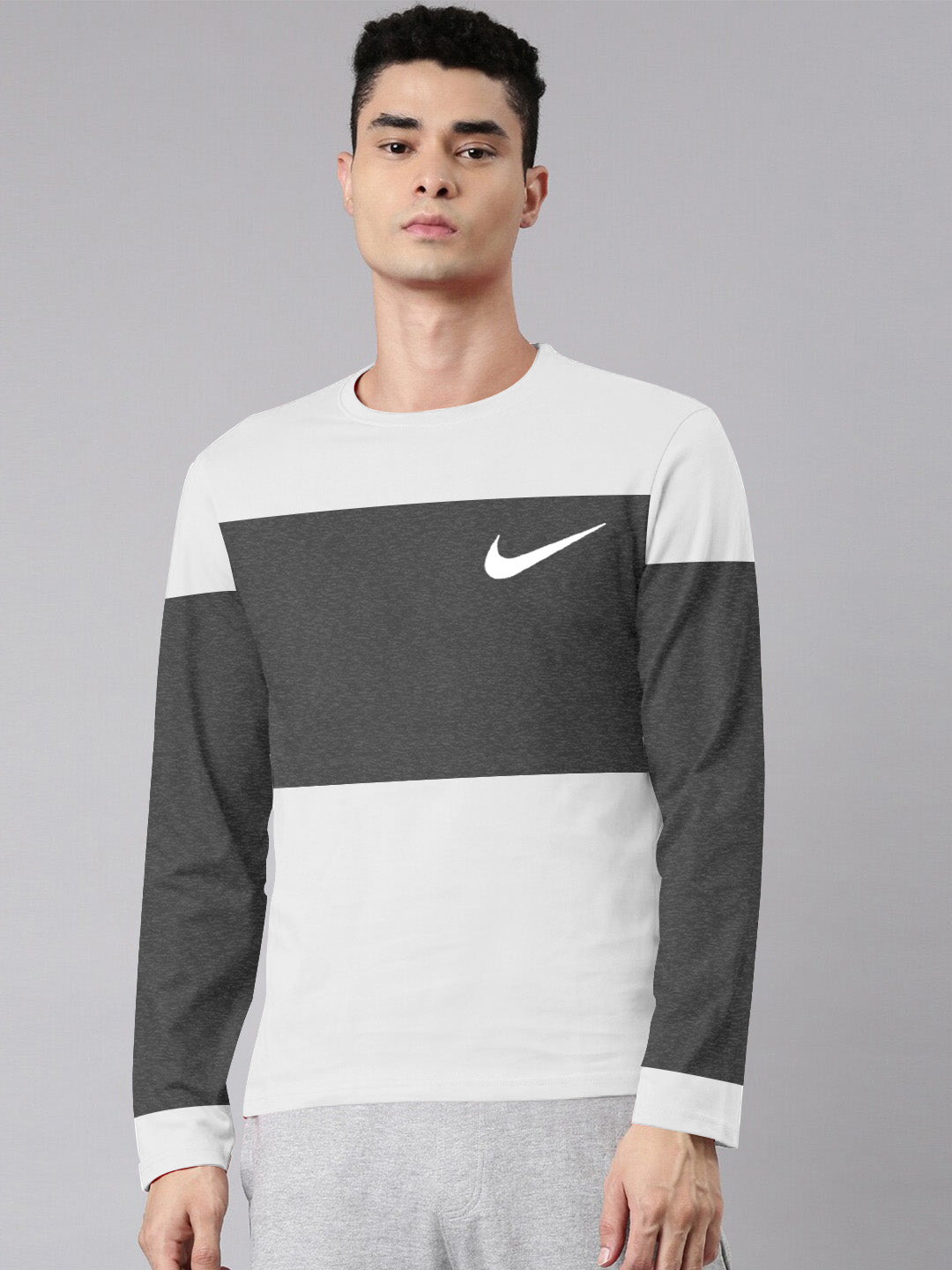 NK Crew Neck Single Jersey Long Sleeve Tee Shirt For Men-White with Charcoal Melange Panel-SP2322