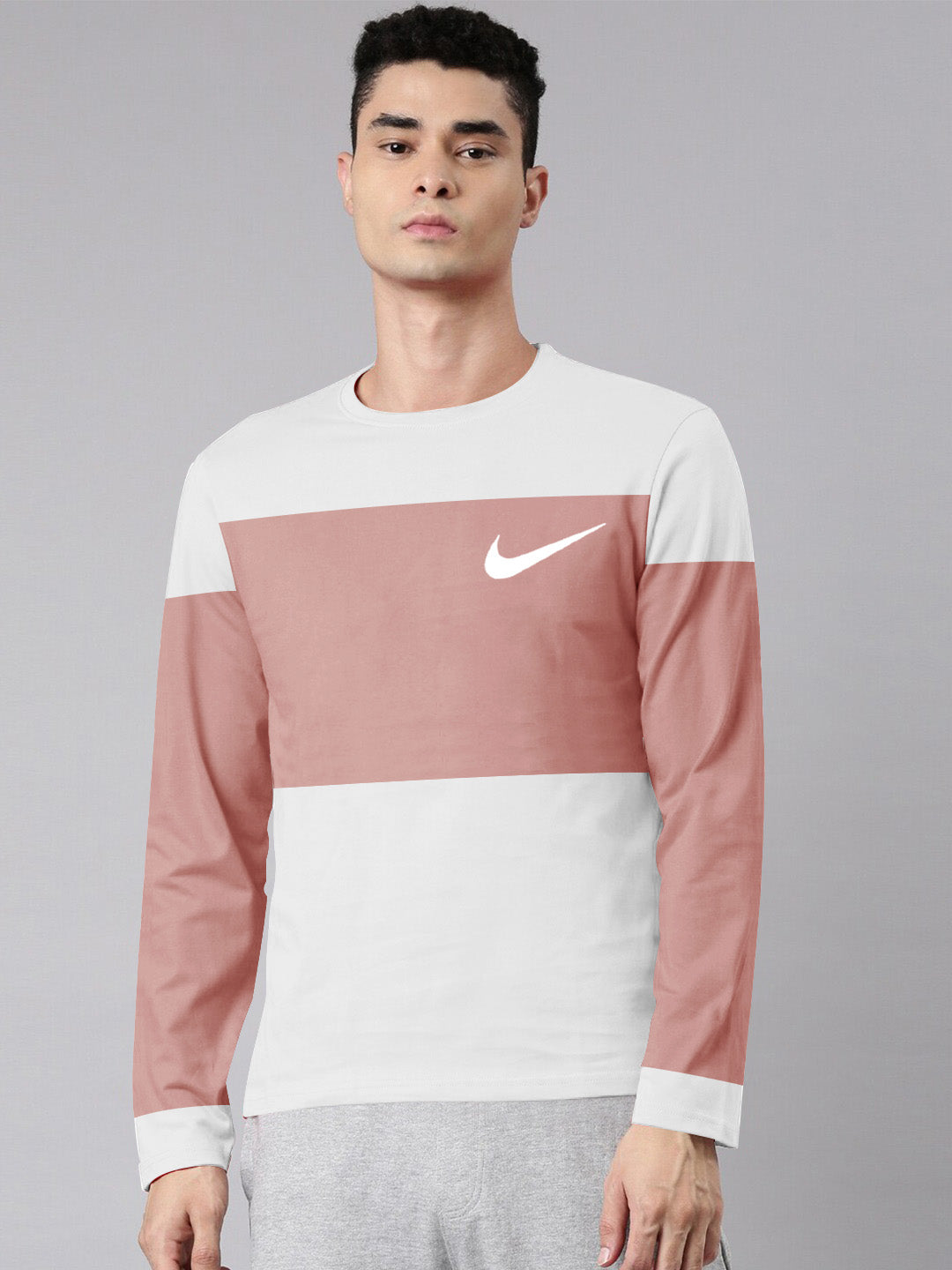 NK Crew Neck Tee Shirt For Men-White with Tea Pink Panel-SP2257