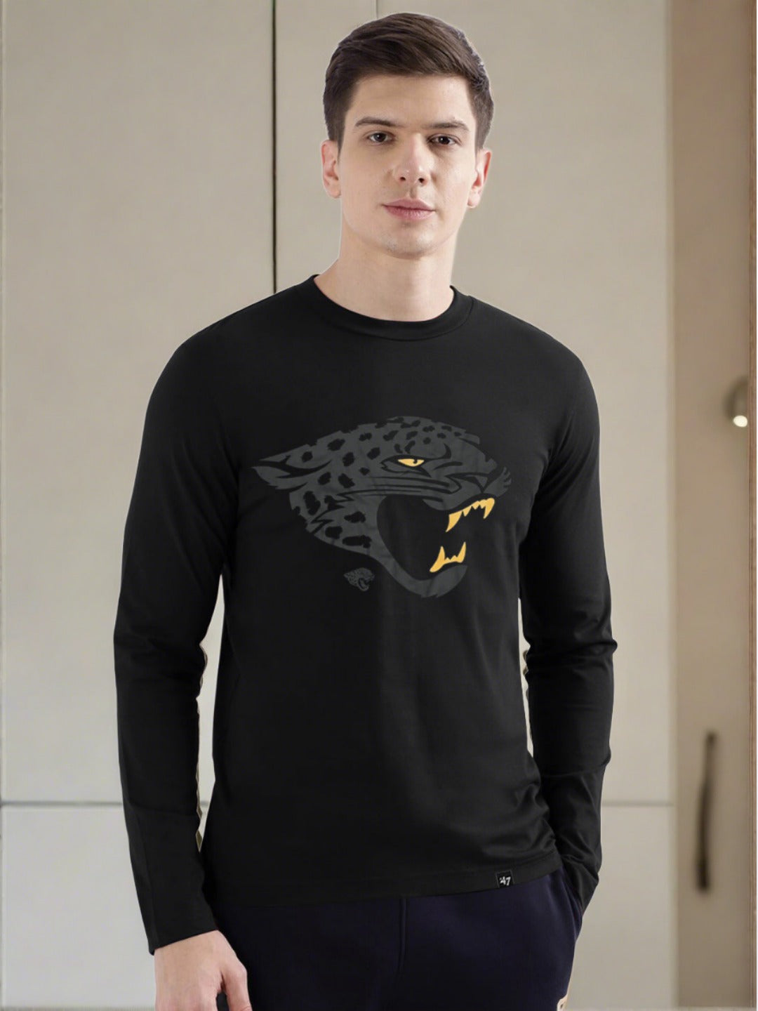 47 Single Jersey Crew Neck Long Sleeve Shirt For Men-Black with Print-SP1949