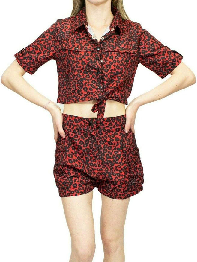 Rising Pop Button Shorts Co-Ord For Ladies-Red with Allover Print-SP3408