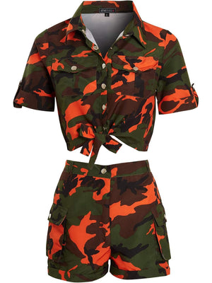 Rising Pop Button Shorts Co-Ord For Ladies-Orange Camouflage-SP3407