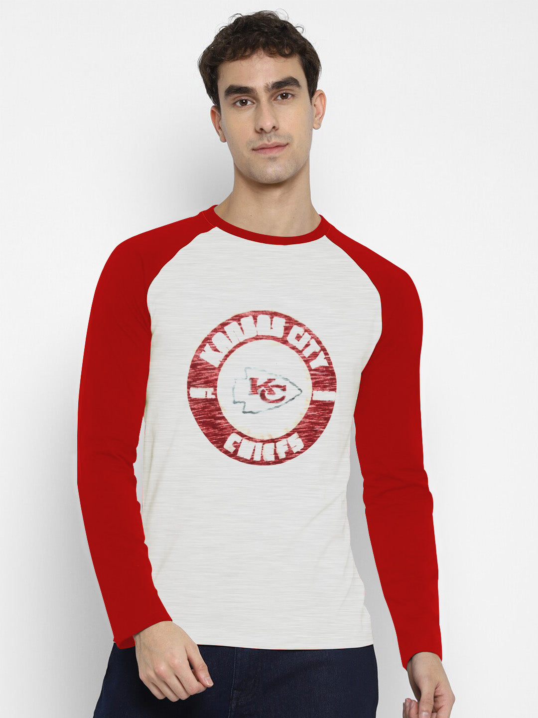 47 Raglan Sleeve Crew Neck Tee Shirt For Men-Off White Melange & Red with Print-SP2079