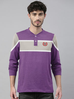 Louis Vicaci P.Q Long Sleeve Henley Shirt For Men-Purple Melange with Grey Panel-SP1738/RT2427