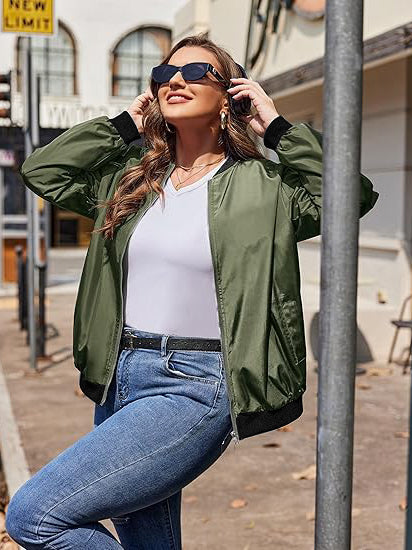 PLT Basic Lightweight Bomber Jacket For Ladies-Olive-SP3280