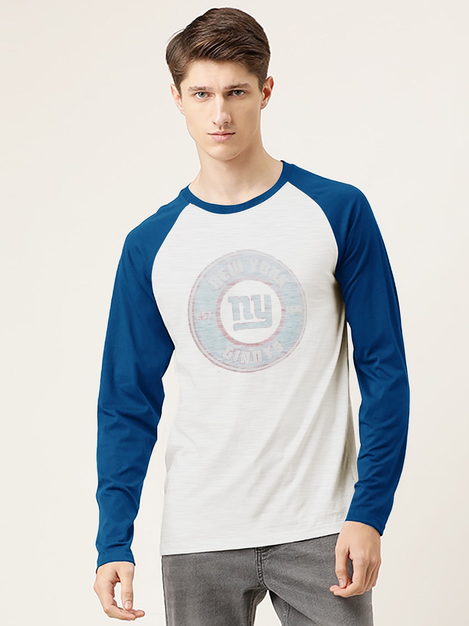 47 Raglan Sleeve Crew Neck Tee Shirt For Men-Off White Melange & Blue with Print-SP2081