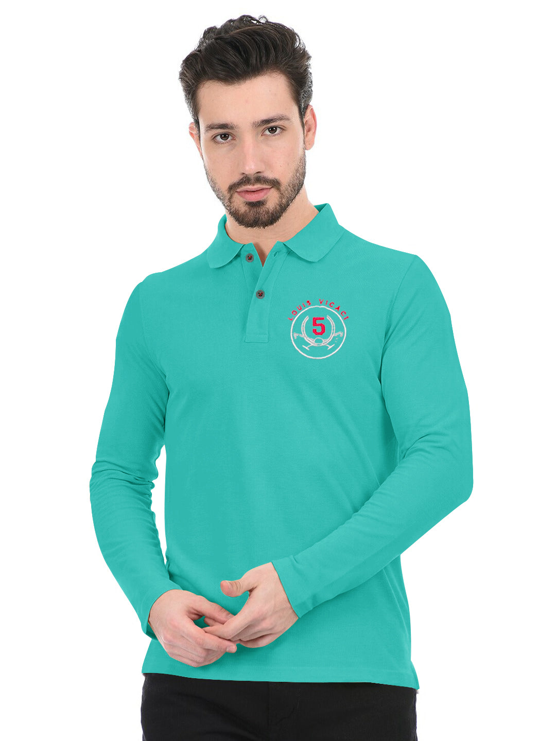 Louis Vicaci Long Sleeve P.Q Polo Shirt For Men-Cyan Blue-SP1765