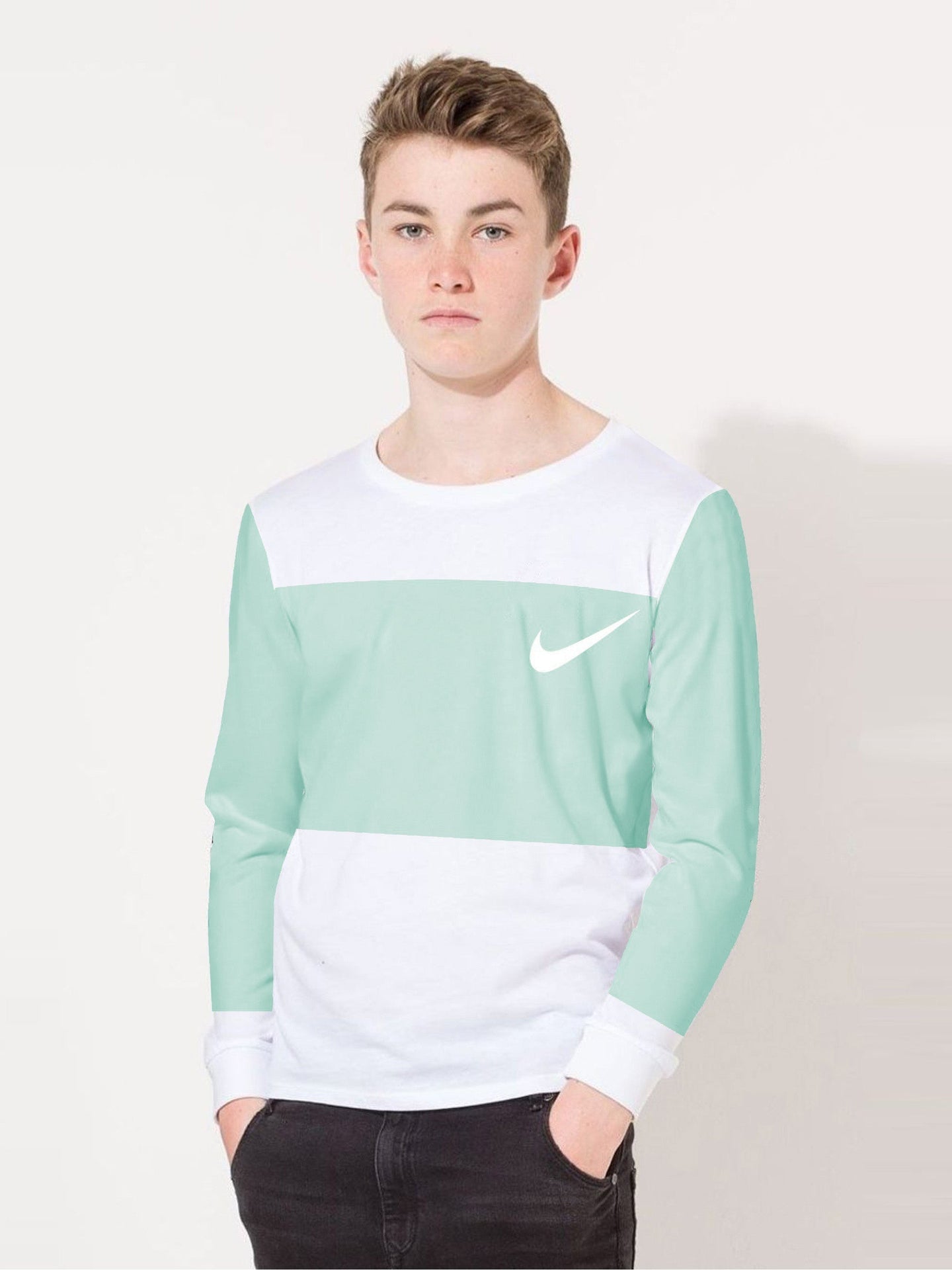 NK Crew Neck Single Jersey Long Sleeve Tee Shirt For Kids-White with Cyan Panel-SP2241