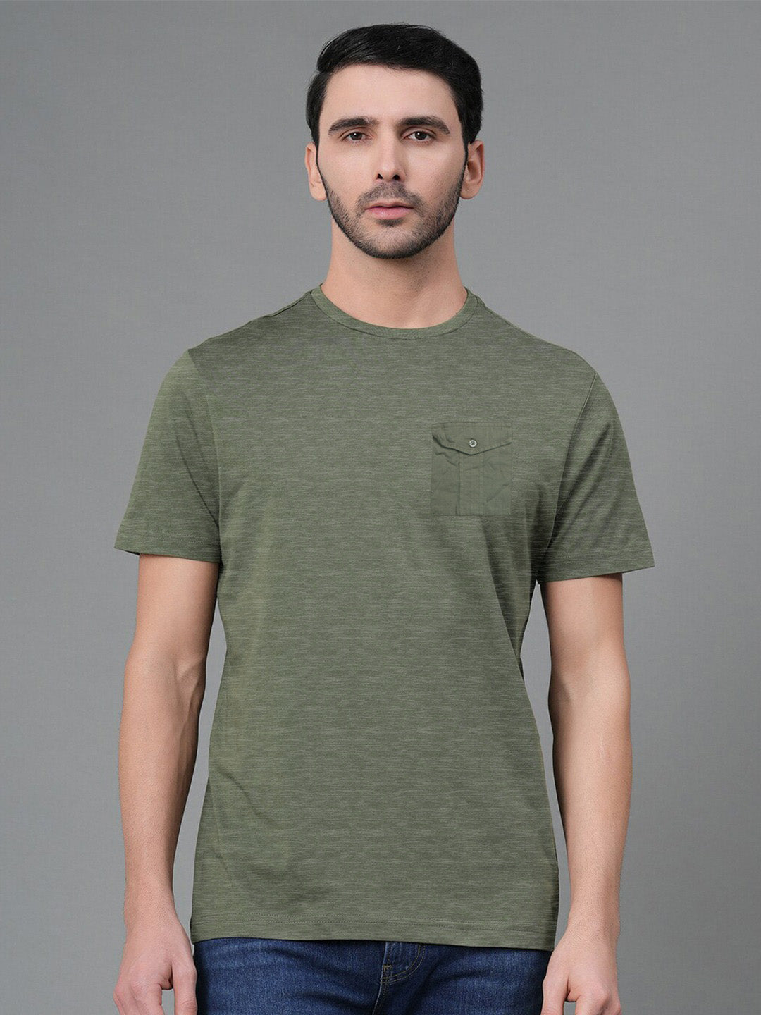 NXT Single Jersey Crew Neck Tee Shirt For Men-Olive Melange-SP2314