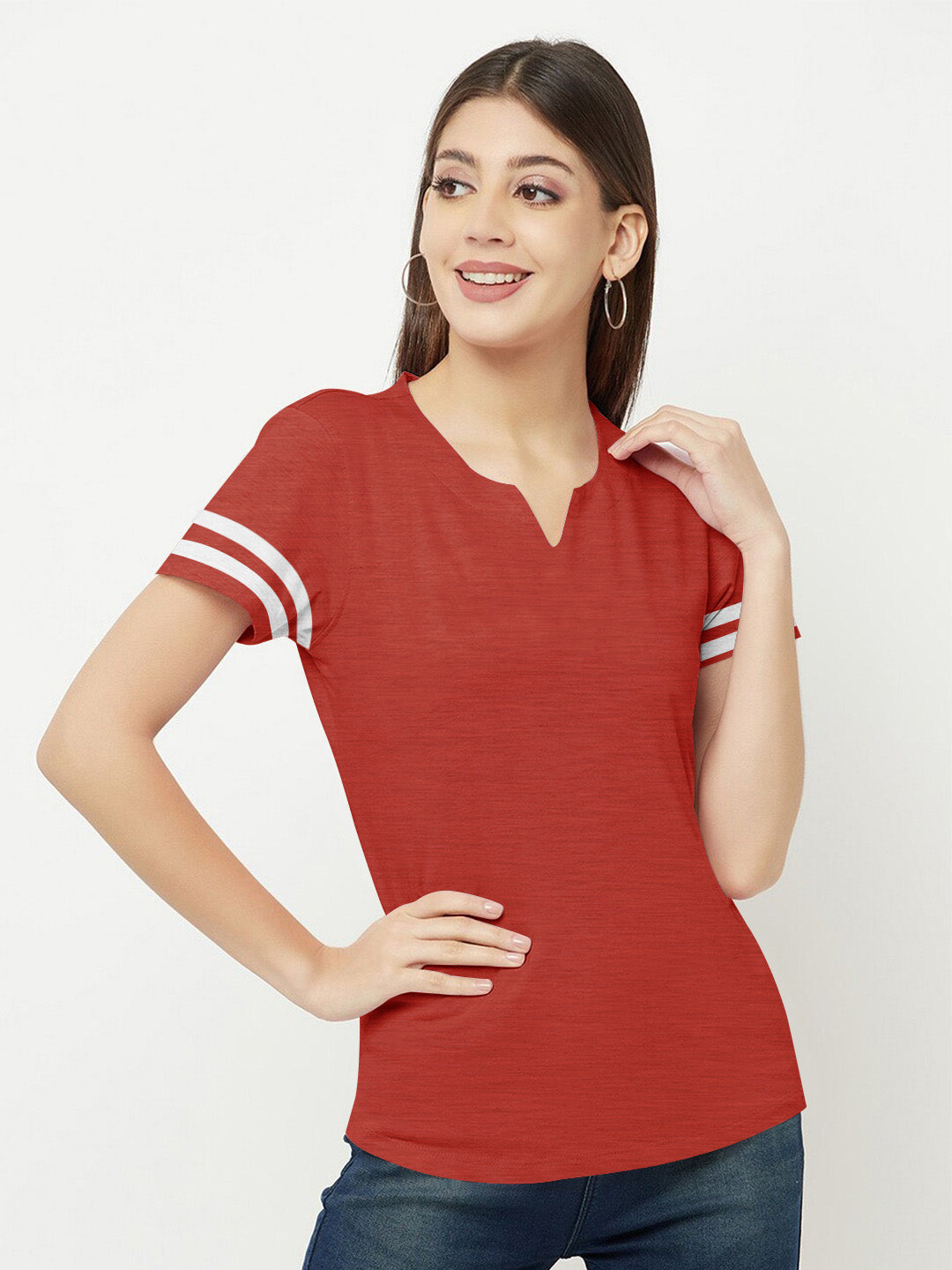 Majestic V Neck Half Sleeve Tee Shirt For Ladies-Red Melange-SP1978