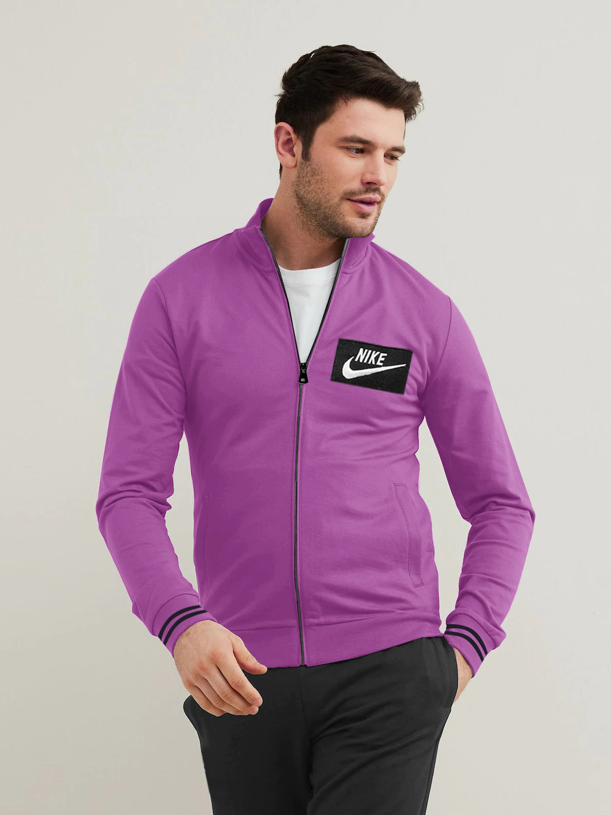 NK Zipper Fleece Baseball Jacket For Men-Magenta-SP310 - BrandsEgo