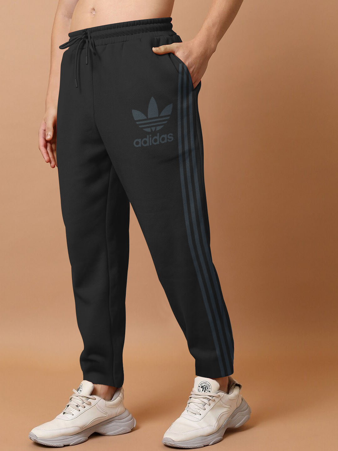 Adidas Fleece Slim Fit Jogger Trouser For Men-Charcoal with Stripe-BE1279