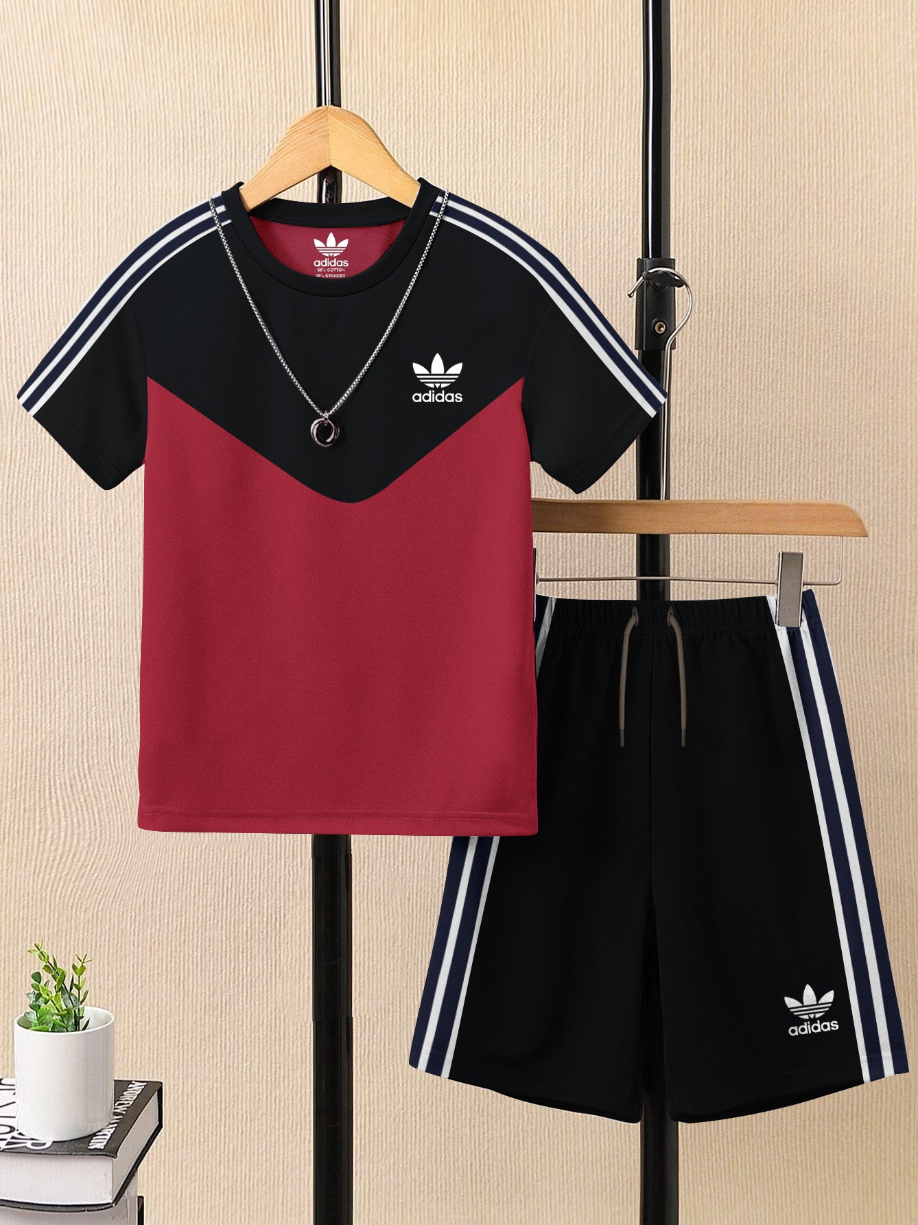 Ads Summer T Shirt & Short Suit For Kids-Black with Maroon & White, Navy Stripe-BE3279/BR15717