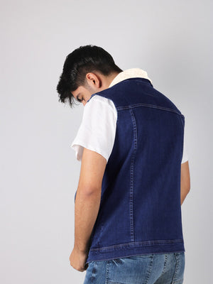 Sleeveless Plush Fur Denim Jeans Jacket For Men-Blue-BR204