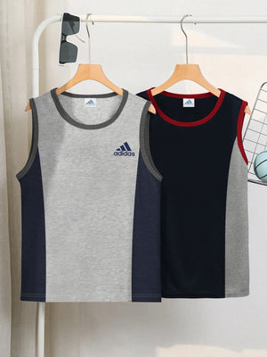 Pack Of 2 ADS Single Jersey Sleeveless T Shirt For Kids-Olive with Grey Melange Panels-BE3070