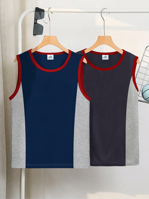 Pack Of 2 ADS Single Jersey Sleeveless T Shirt For Kids-Olive with Grey Melange Panels-BE3070