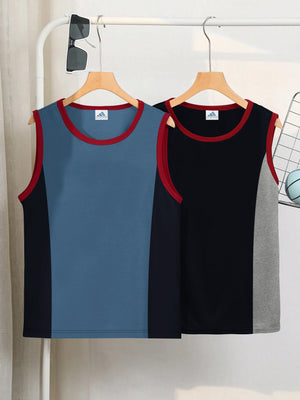 Pack Of 2 ADS Single Jersey Sleeveless T Shirt For Kids-Olive with Grey Melange Panels-BE3070