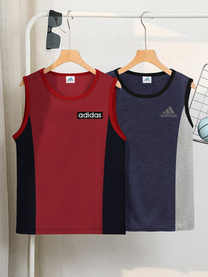 Pack Of 2 ADS Single Jersey Sleeveless T Shirt For Kids-Olive with Grey Melange Panels-BE3070