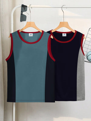 Pack Of 2 ADS Single Jersey Sleeveless T Shirt For Kids-Olive with Grey Melange Panels-BE3070