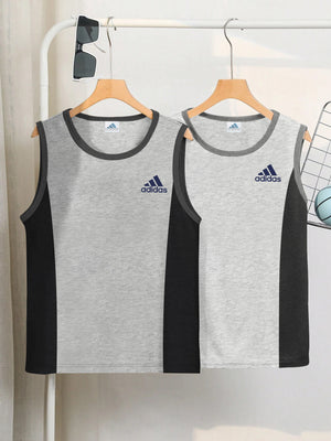 Pack Of 2 ADS Single Jersey Sleeveless T Shirt For Kids-Olive with Grey Melange Panels-BE3070