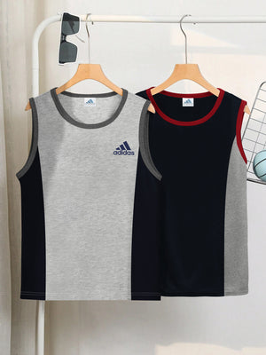 Pack Of 2 ADS Single Jersey Sleeveless T Shirt For Kids-Olive with Grey Melange Panels-BE3070