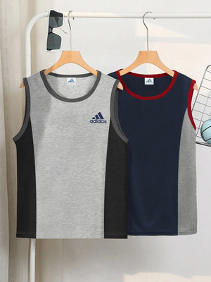 Pack Of 2 ADS Single Jersey Sleeveless T Shirt For Kids-Olive with Grey Melange Panels-BE3070