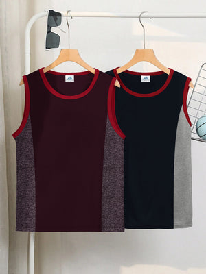 Pack Of 2 ADS Single Jersey Sleeveless T Shirt For Kids-Olive with Grey Melange Panels-BE3070