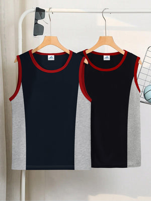 Pack Of 2 ADS Single Jersey Sleeveless T Shirt For Kids-Olive with Grey Melange Panels-BE3070