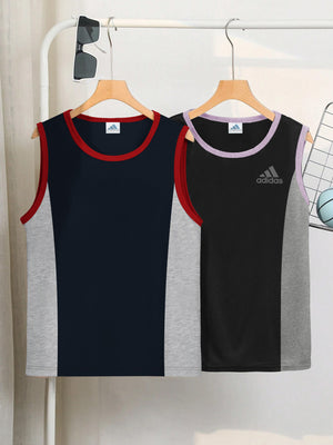 Pack Of 2 ADS Single Jersey Sleeveless T Shirt For Kids-Olive with Grey Melange Panels-BE3070