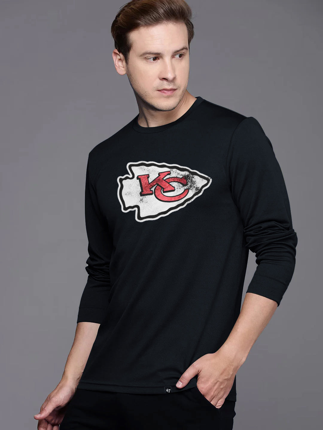 47 Single Jersey Crew Neck Long Sleeve Shirt For Men-Navy with Print