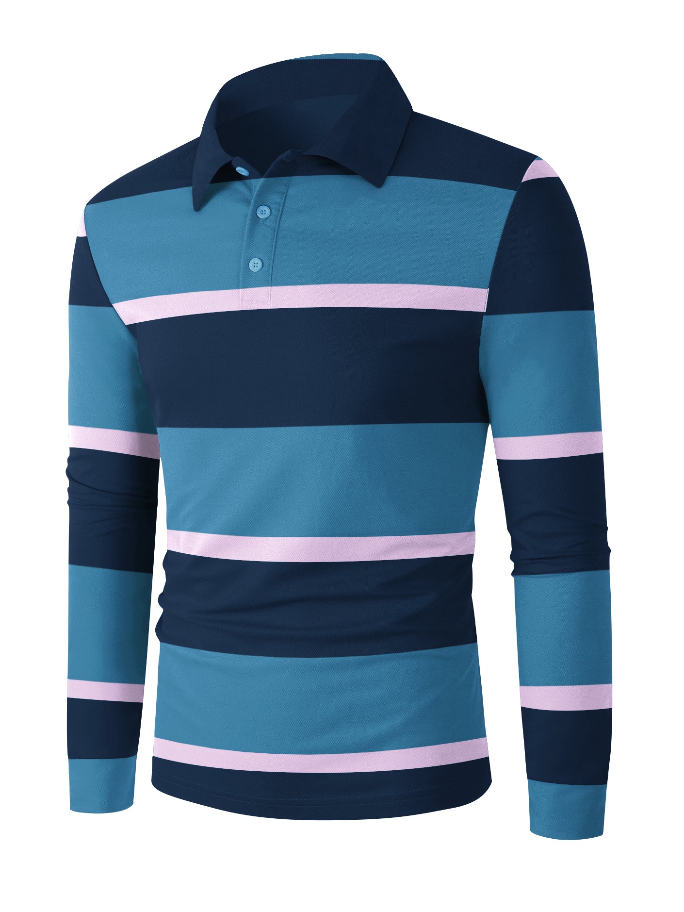 Louis Vicaci Long Sleeve Polo Shirt For Men-Navy & Blue Stripe-BE76