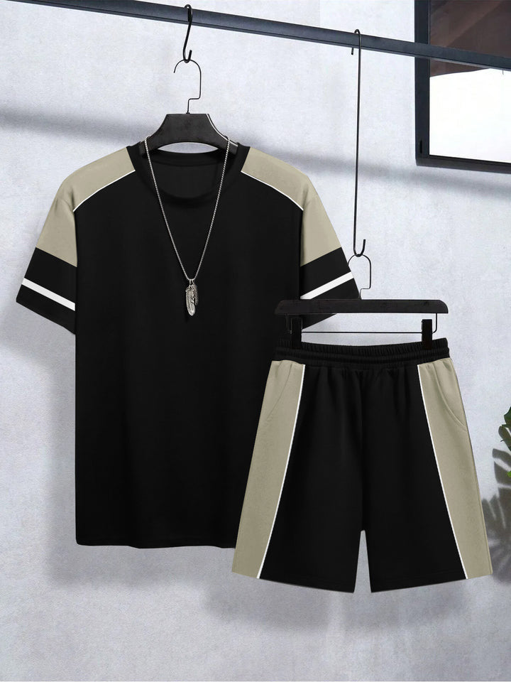 Louis Vicaci Summer Active Wear T Shirt & Lounge Short For Men-Black with Grey Pannels-BE3222/BR15670