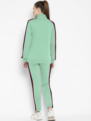 Louis Vicaci Fleece Zipper Tracksuit For Ladies-Light Green with Maroon Stripe-SP246/BR366