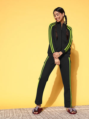 Louis Vicaci Fleece Zipper Tracksuit For Ladies-Black with Parrot Stripe-SP258/BR368