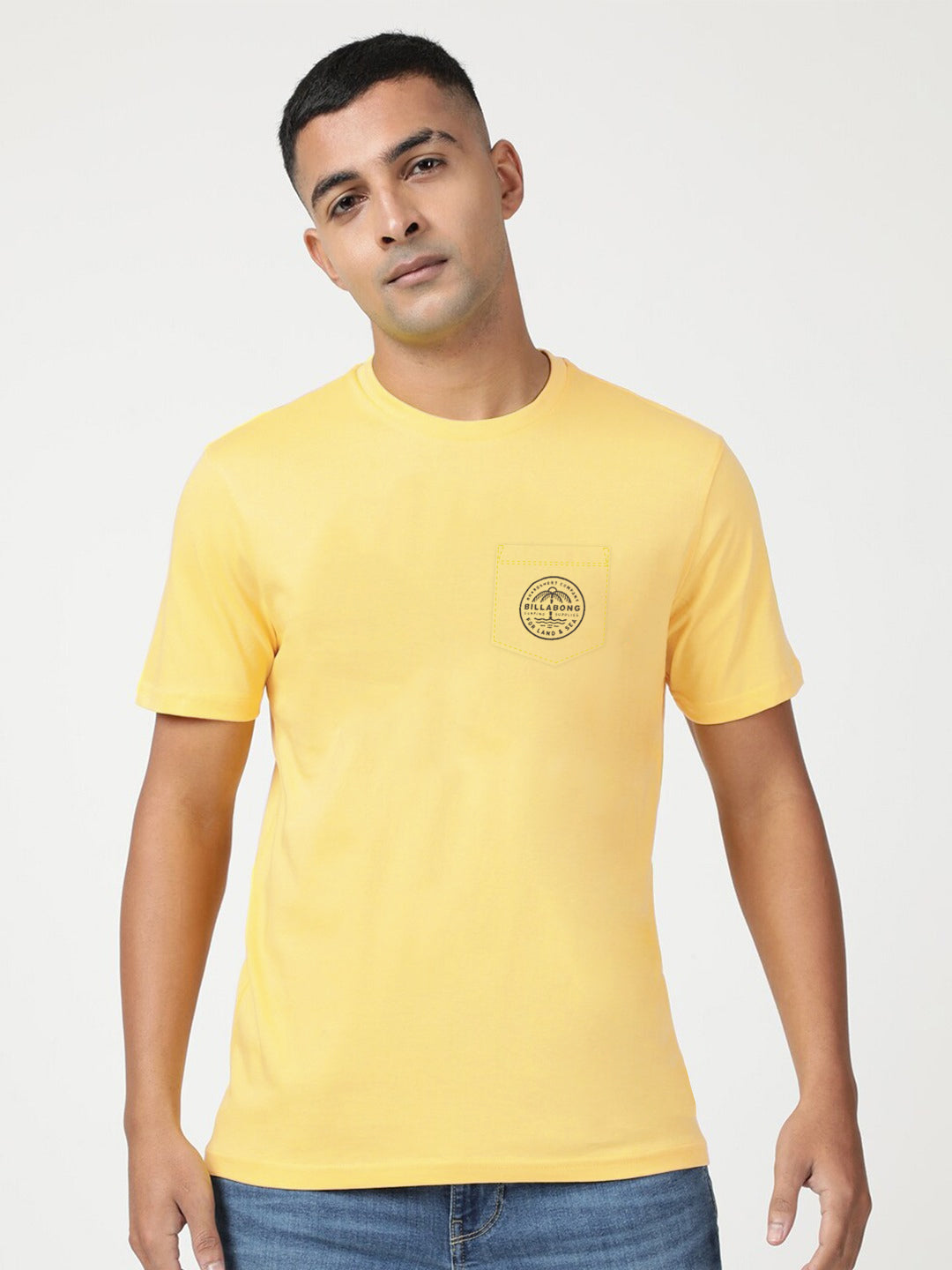 BilaBong Single Jersey Crew Neck Tee Shirt For Men-Yellow-BE1039