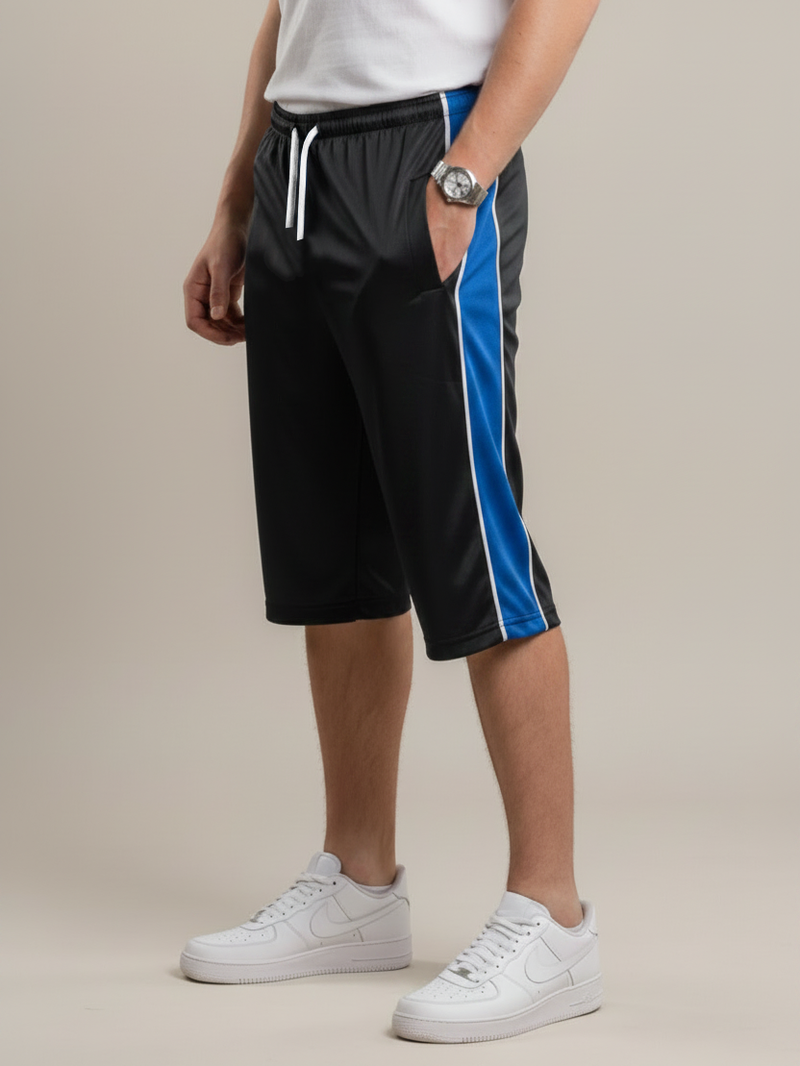 Stylish Knee Length Short For Men-Black With Royal Blue Stripe-SS01