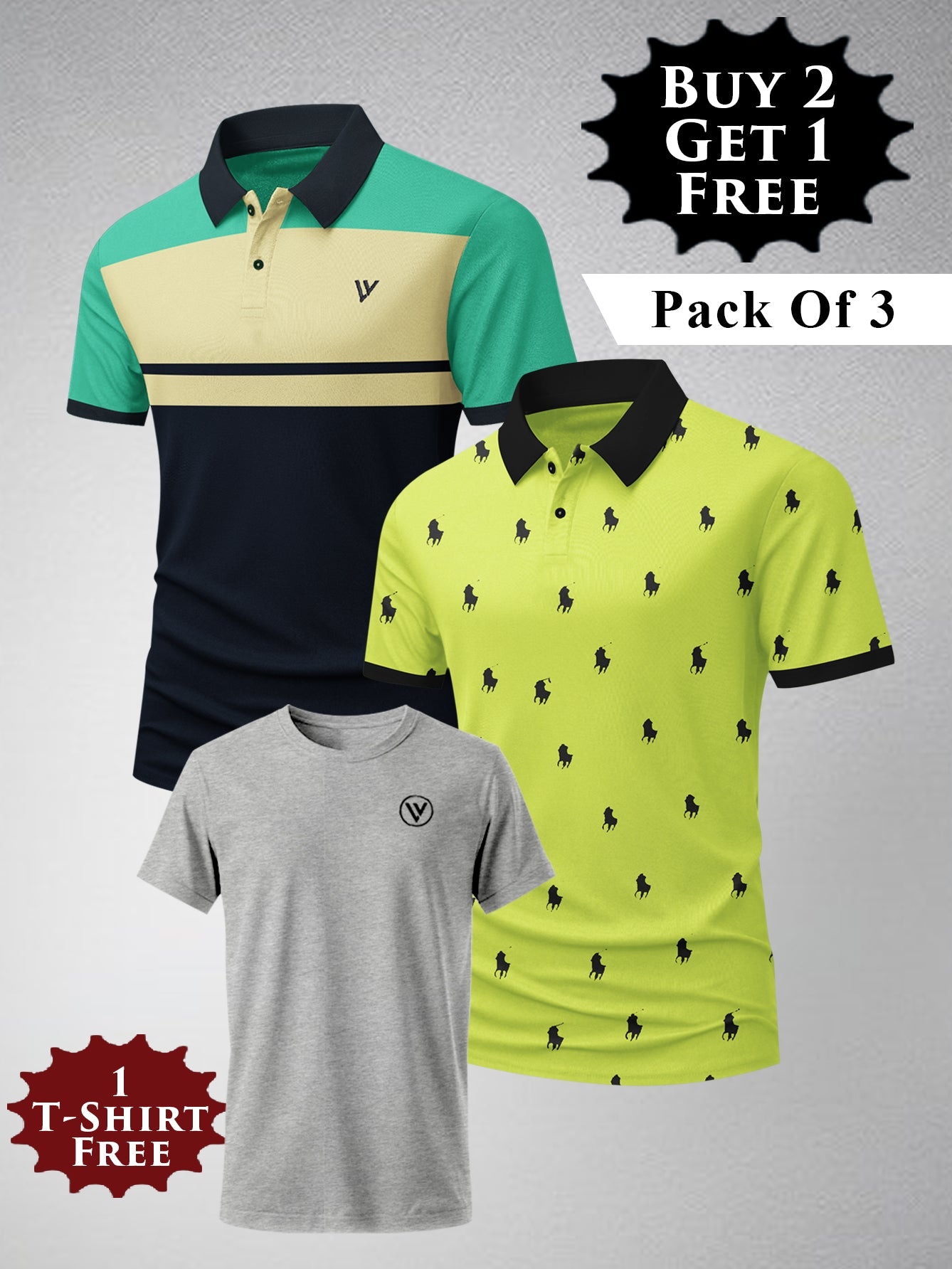 Buy 2 Get 1 Free Pack Of 2 Summer Polo Shirt For Men-BE3366/BR15814