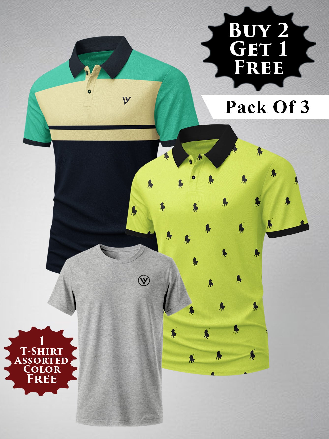 Buy 2 Get 1 Free Pack Of 2 Summer Polo Shirt For Men-BE3366/BR15814