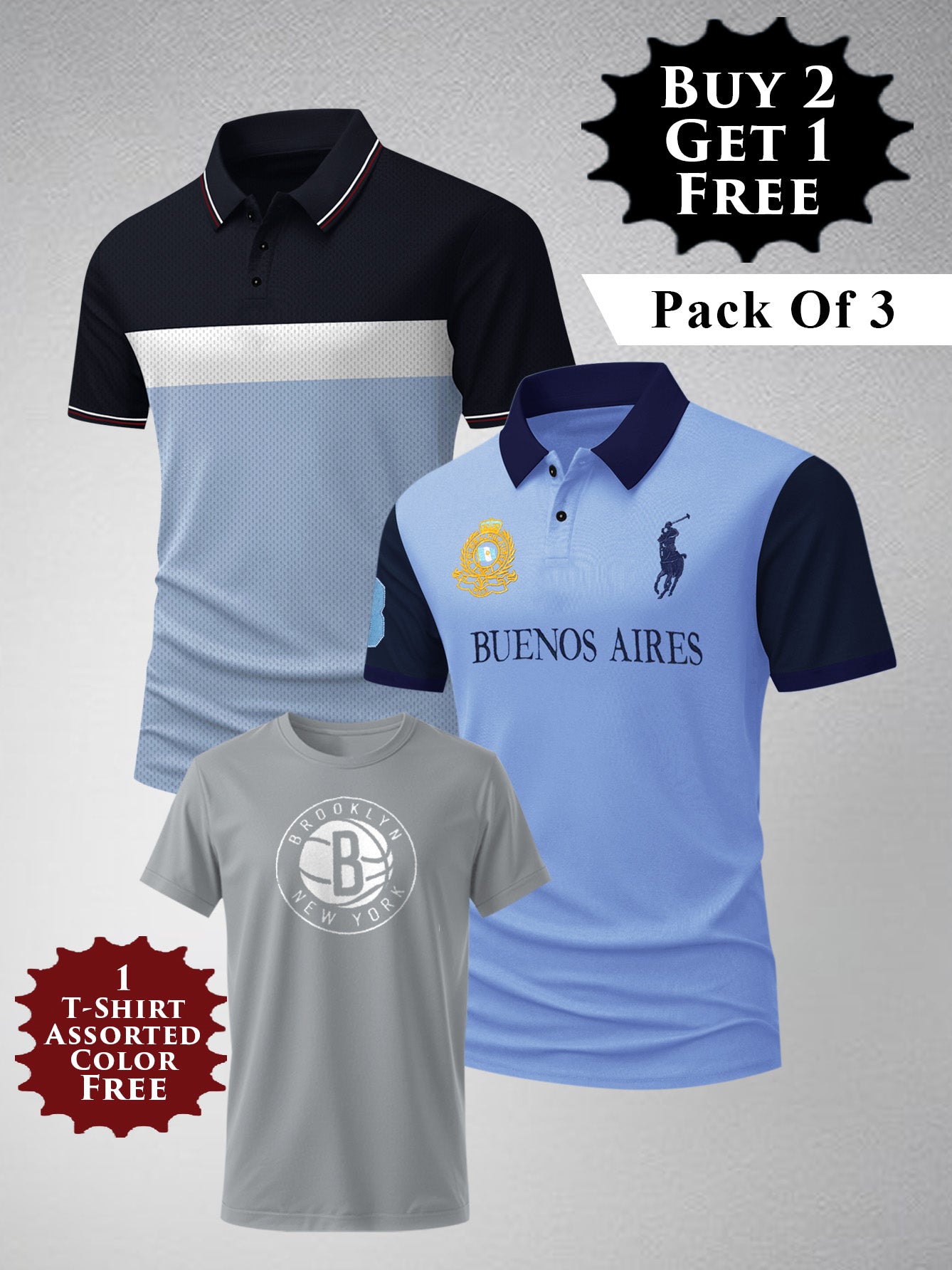 Buy 2 Get 1 Free Pack Of 2 Summer Polo Shirt For Men-BE3367/BR15815