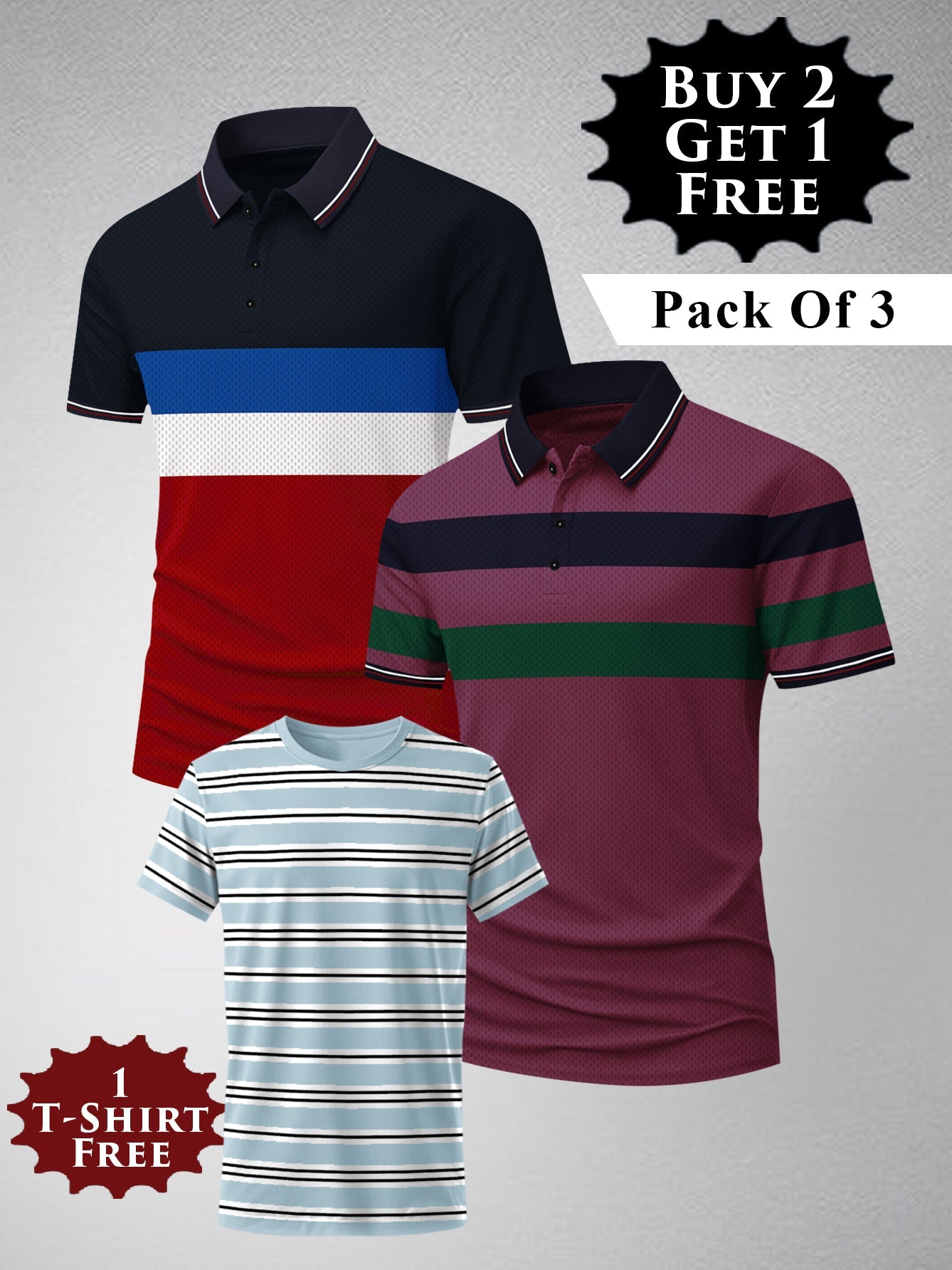 Buy 2 Get 1 Free Pack Of 2 Summer Polo Shirt For Men-BE3371/BR15819
