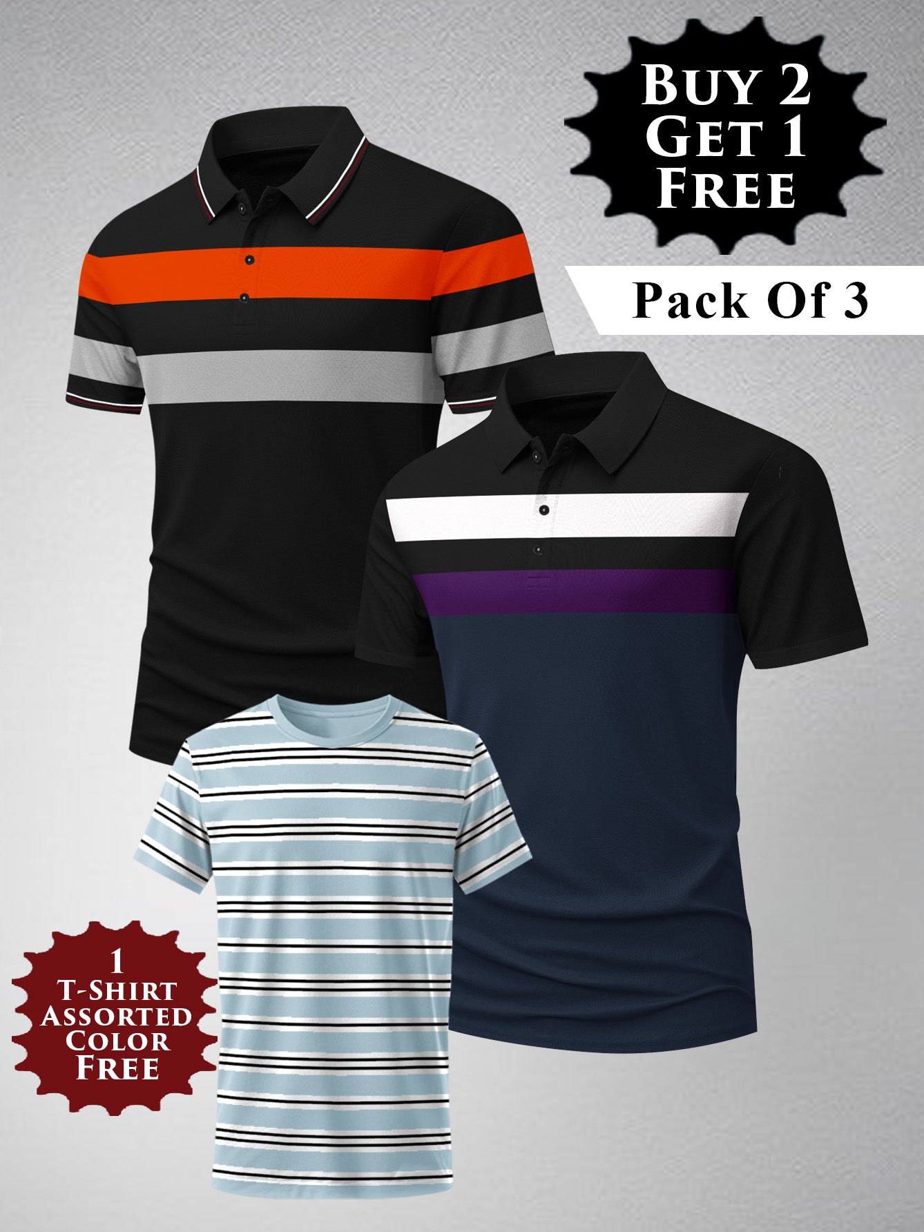 Buy 2 Get 1 Free Pack Of 2 Summer Polo Shirt For Men-BE3376/BR15824