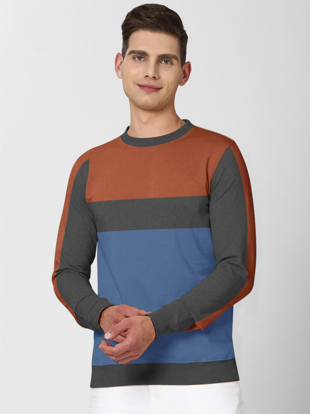 CHIRUCA Fleece Sweatshirt For Men-Charcoal Melange with Blue & Brown Panels-BE2723