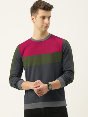 CHIRUCA Fleece Sweatshirt For Men-Charcoal Melange with Olive & Pink-BE2748