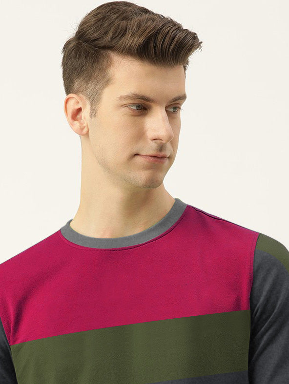 CHIRUCA Fleece Sweatshirt For Men-Charcoal Melange with Olive & Pink-BE2748