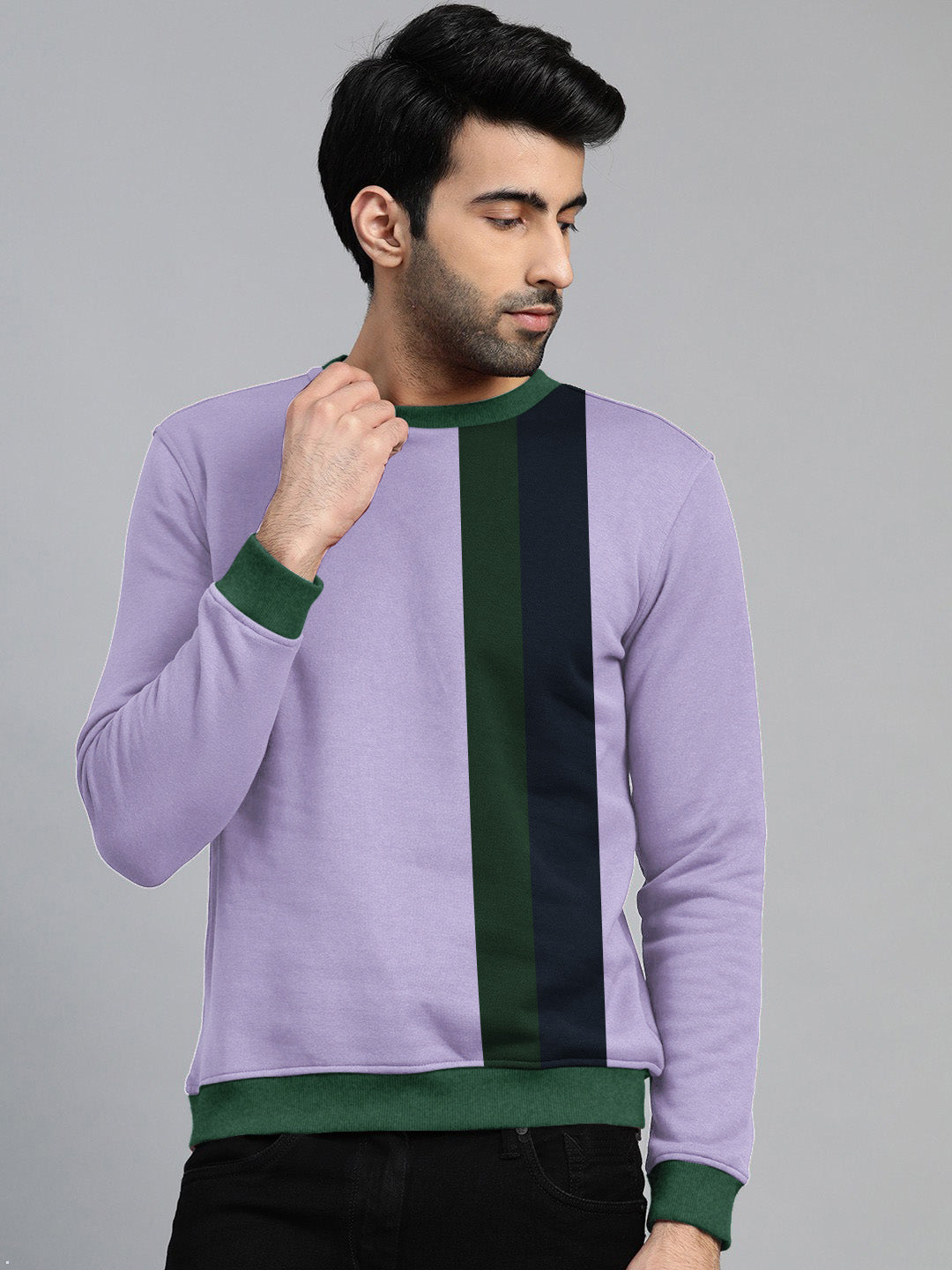 CHIRUCA Fleece Sweatshirt For Men-Light Purple with Green & Navy Panels-BE2728