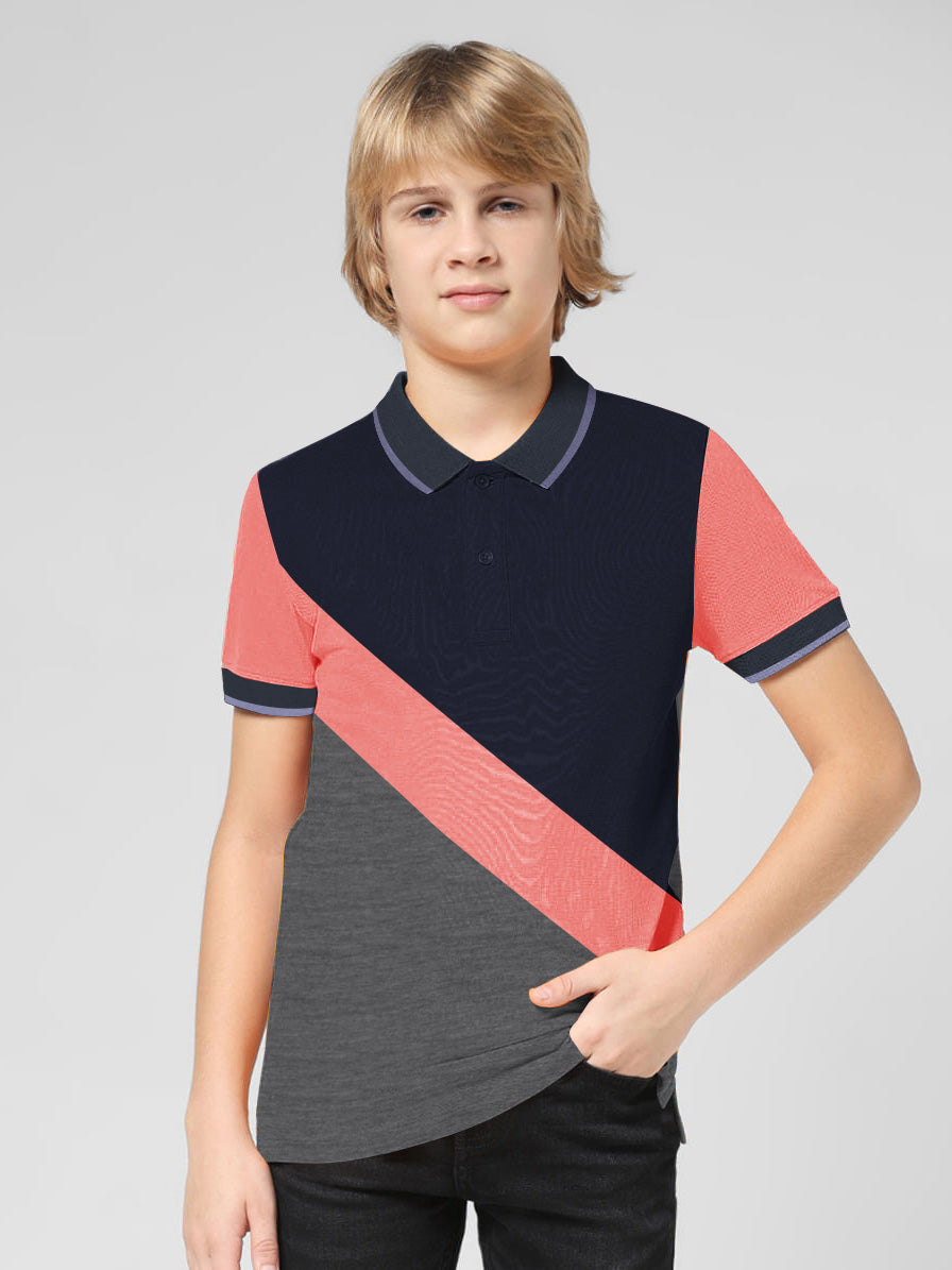 Champion Single Jersey Polo Shirt For Kids-Charcoal Melange with Peach & Navy Panels-BE934/BR13181