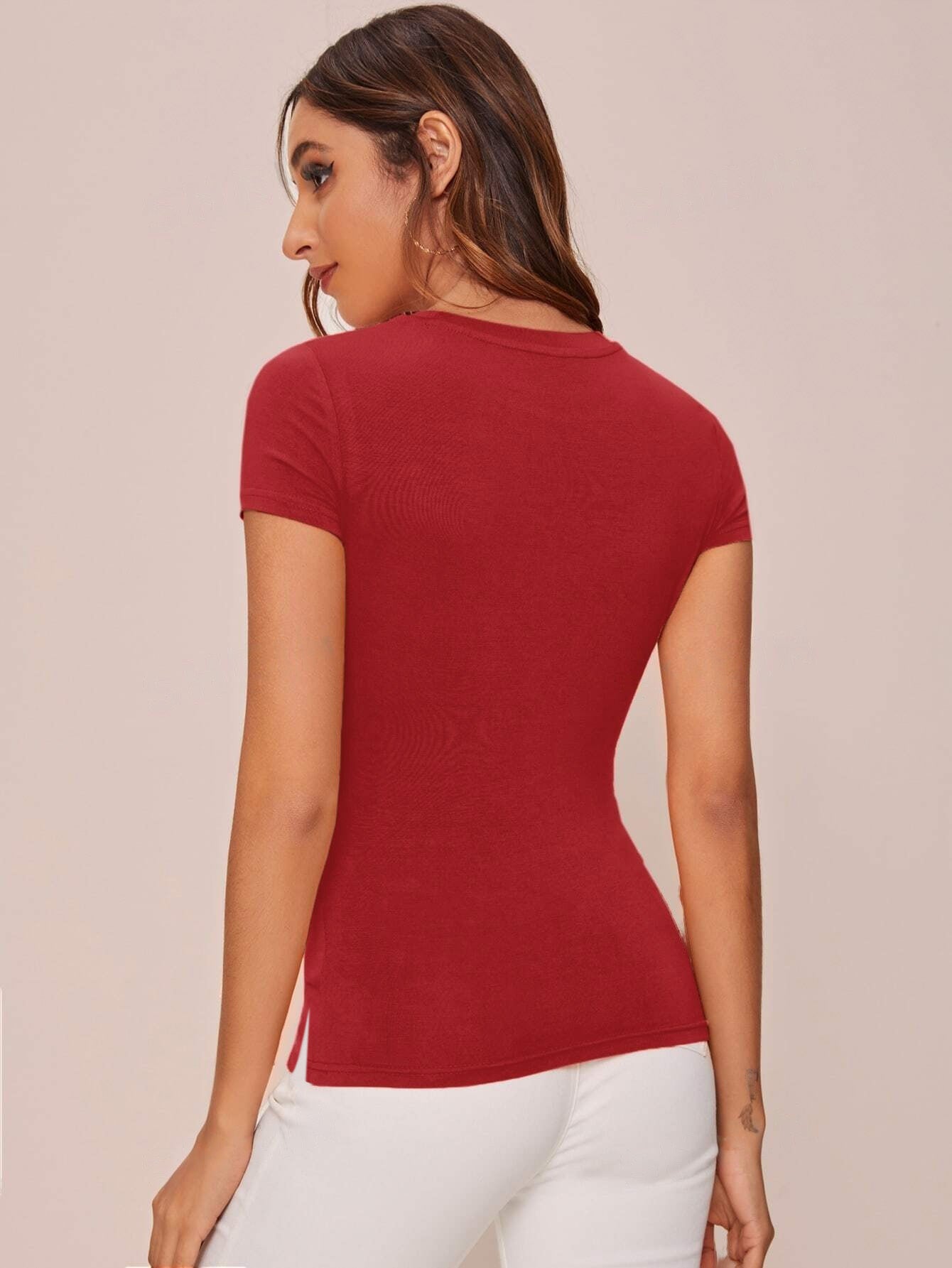 ChecnOne Crew Neck T Shirt For Women-Coral Red-BE1442